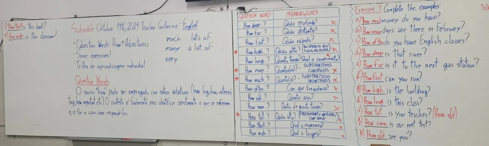Quadro de aula de inglês do professor Guilherme Dante com question words How + adjetivo e exercício